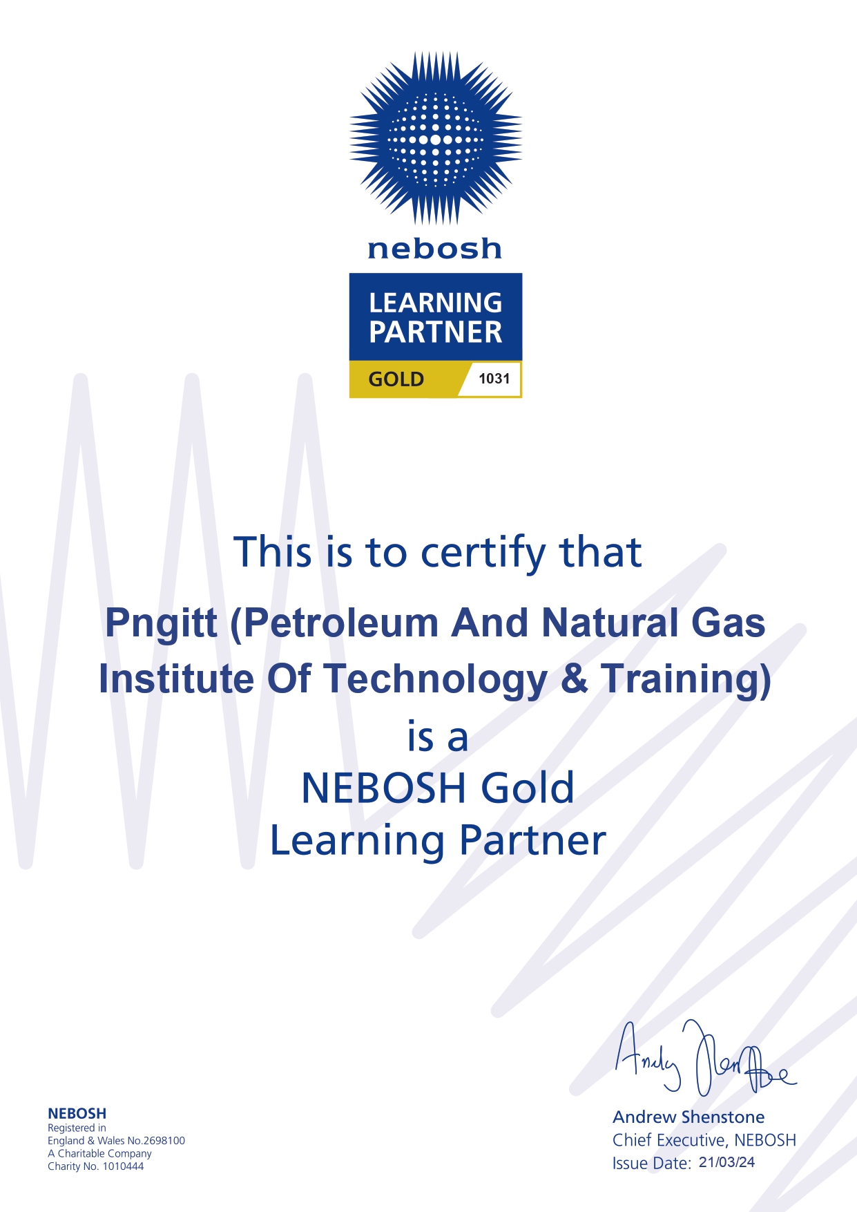 شهادة NEBOSH Gold Learning Partner PNGIT